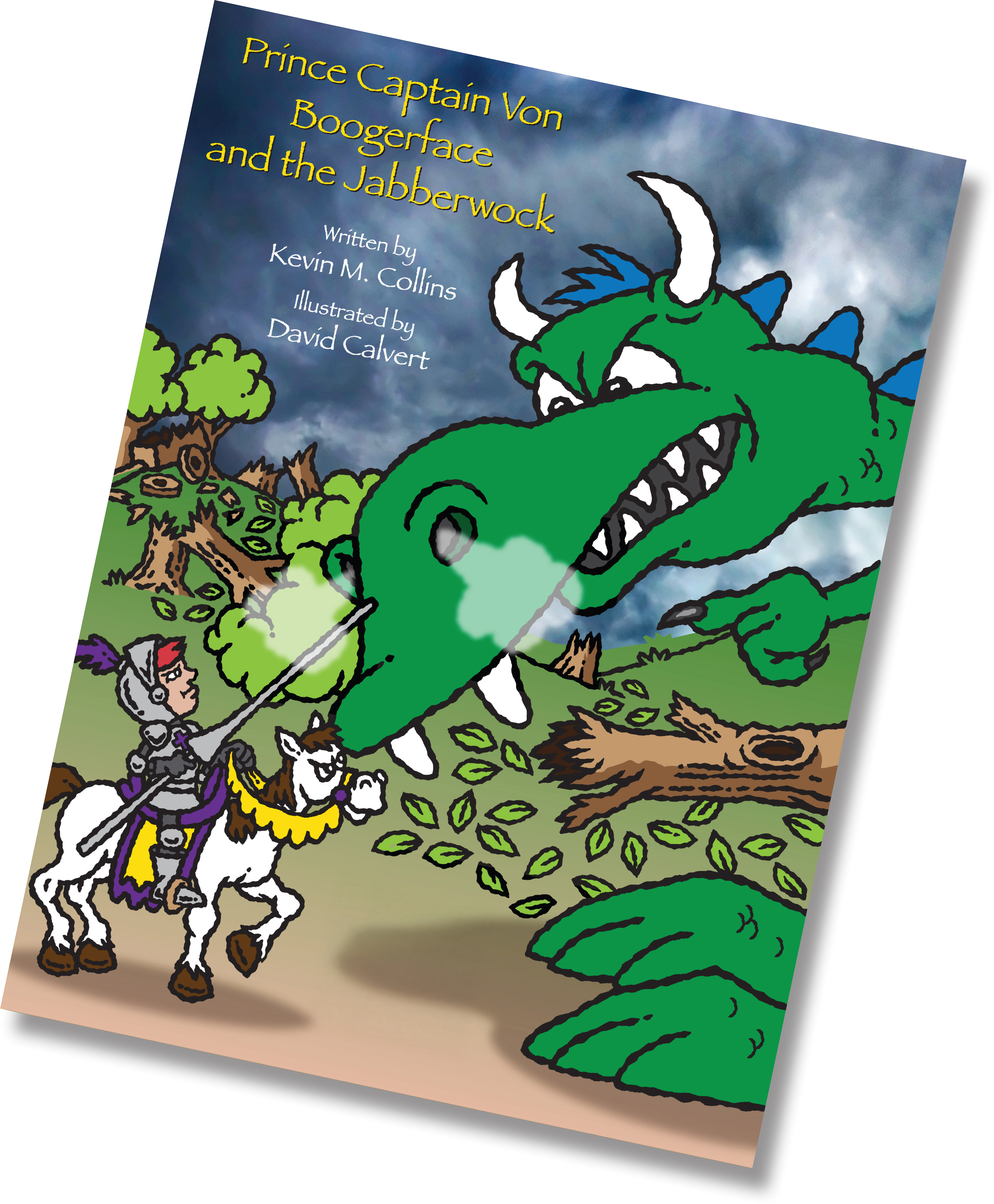 A Knight With a Red Plume on a White Horse Faces a Large, Green Dragon in a Colorful, Whimsical Forest Setting.