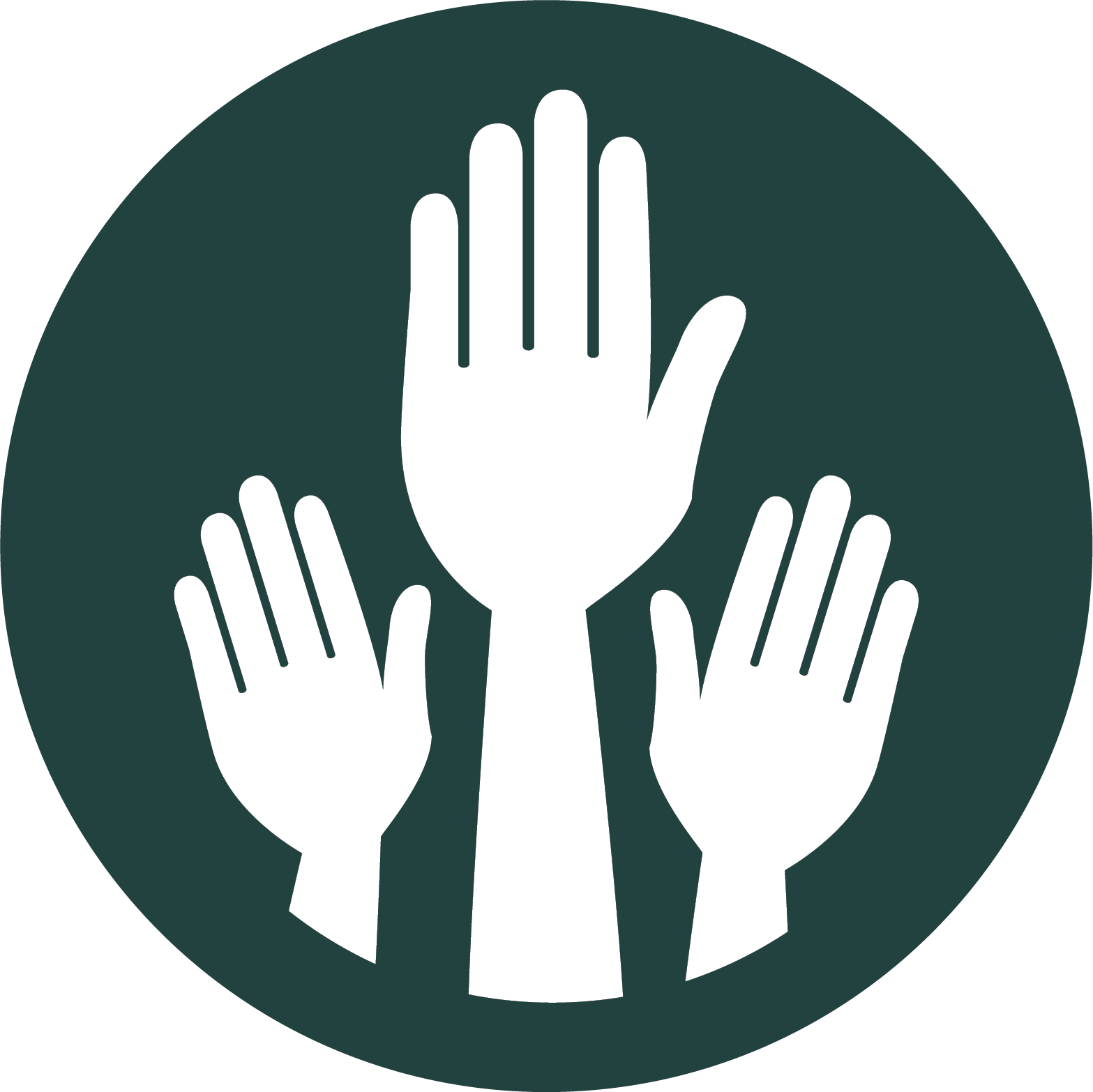 Three stylized hands raised in a circular design, symbolizing support, community engagement, or activism. Suitable for volunteerism or social initiatives.